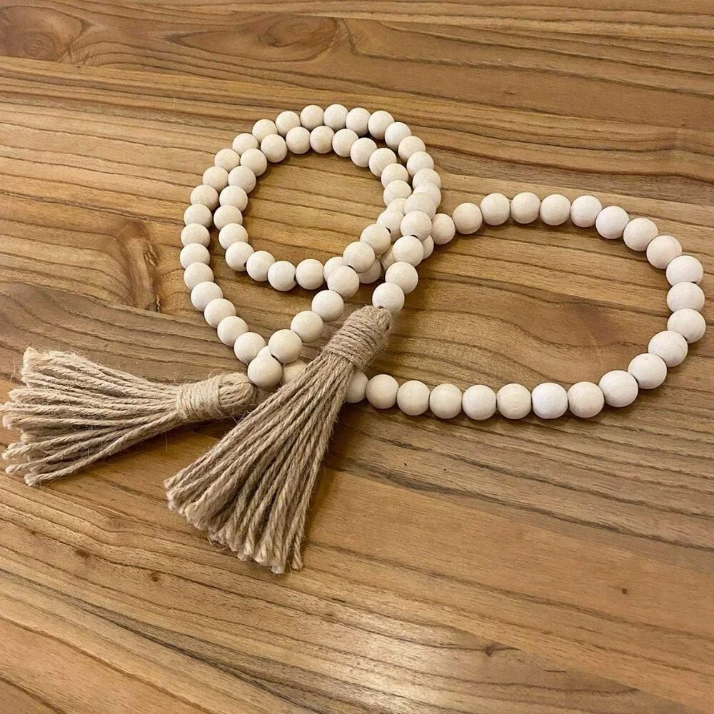 Boho Wood Beaded Garland‎ with Tassels Farmhouse Decor